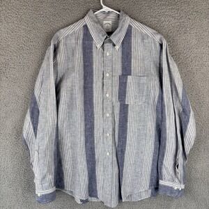 Brooks Brothers Shirt Mens XL Blue Striped 100% Linen Long Sleeve Pocket Beach